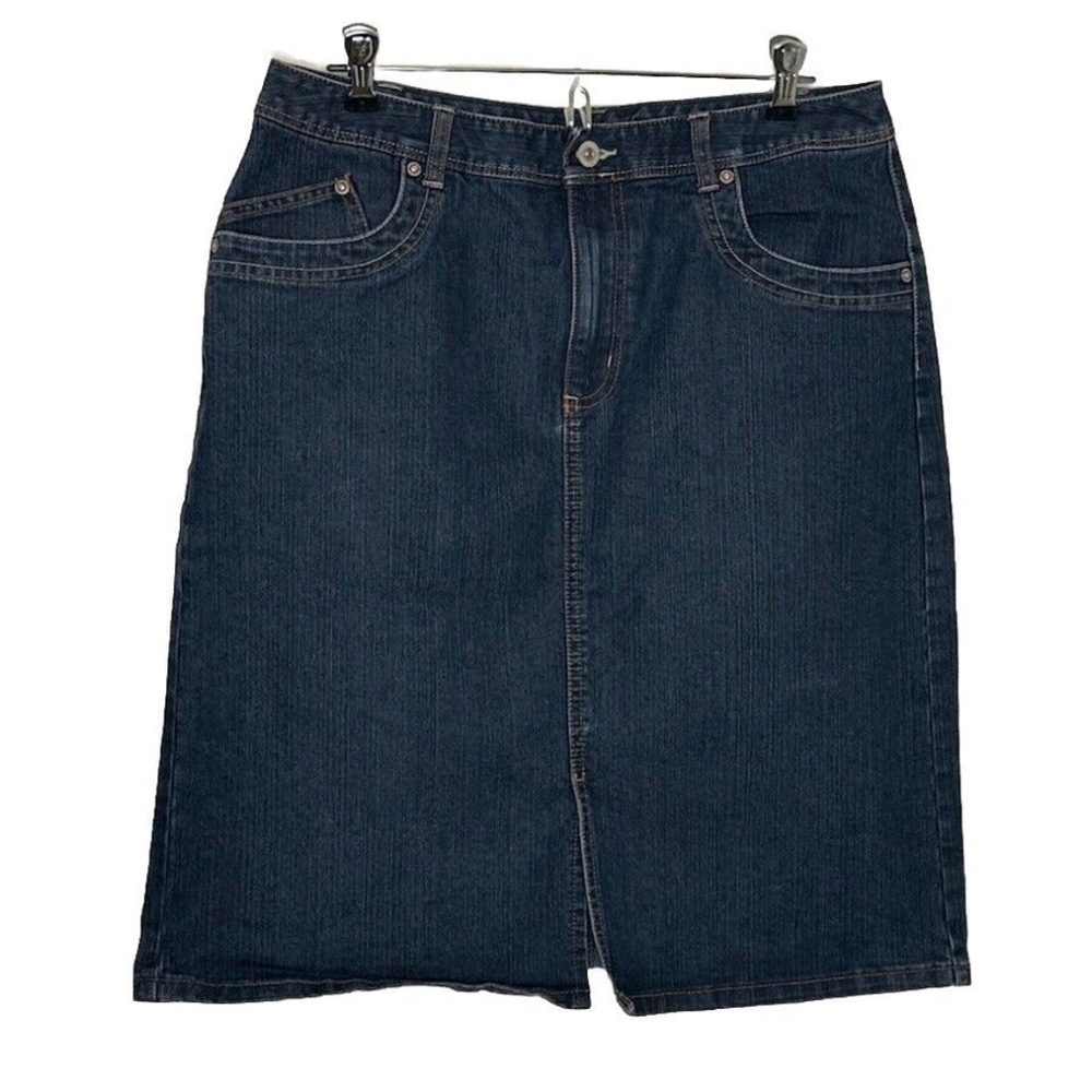 French Cuff Denim Skirt Women's Size 10 Stretch‎ Straight Front Slit Indigo Wash